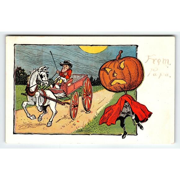 Vintage 1907 Halloween Lithograph Postcard Jack-o'-Lantern & Wagon Buggy - Picture 1 of 2